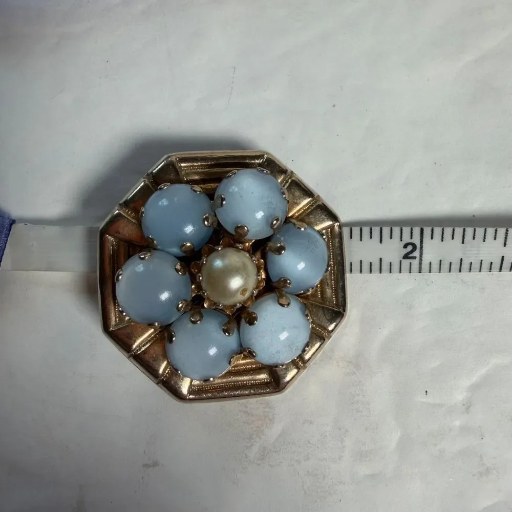 Vintage Gold Tone Blue Cabochon Faux Pearl Flower Brooch Pin Art Deco Revival 1